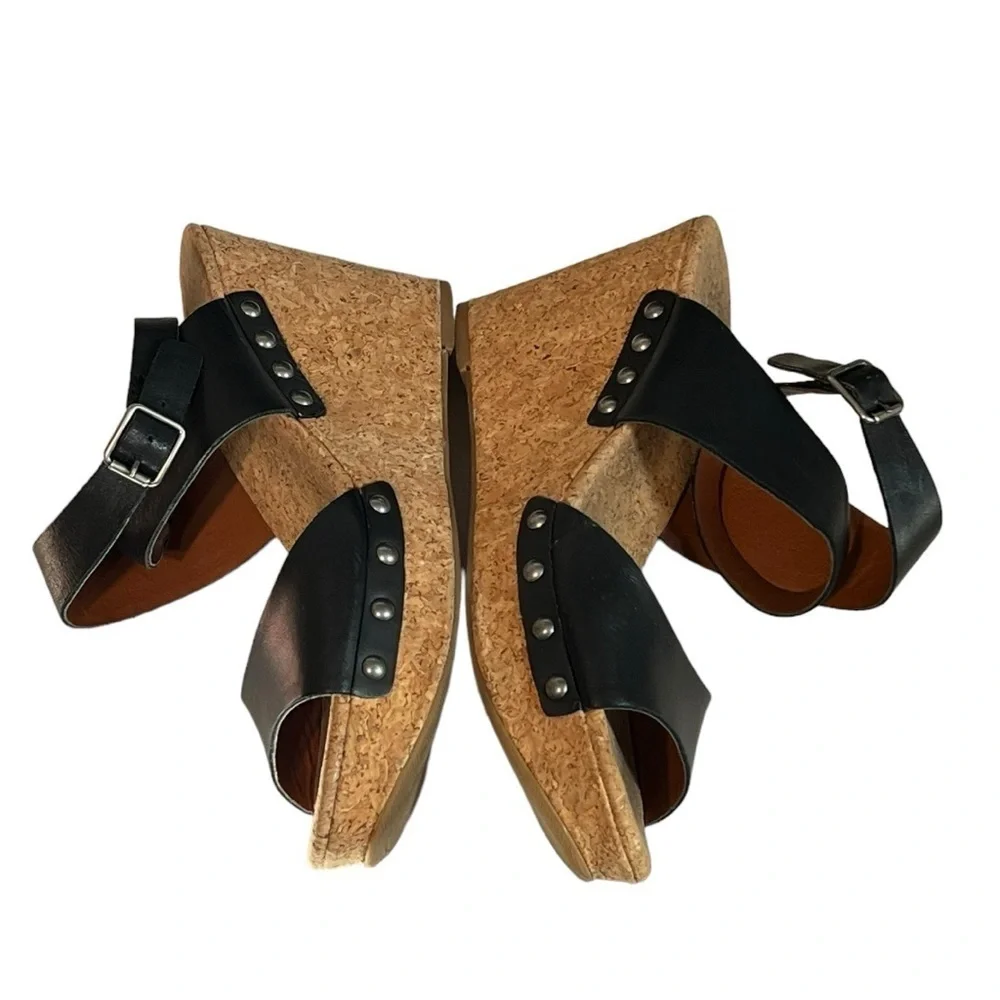 Lucky Brand Moran Cork Wedge Sandals Black Leather Studded Platform Size 8.5